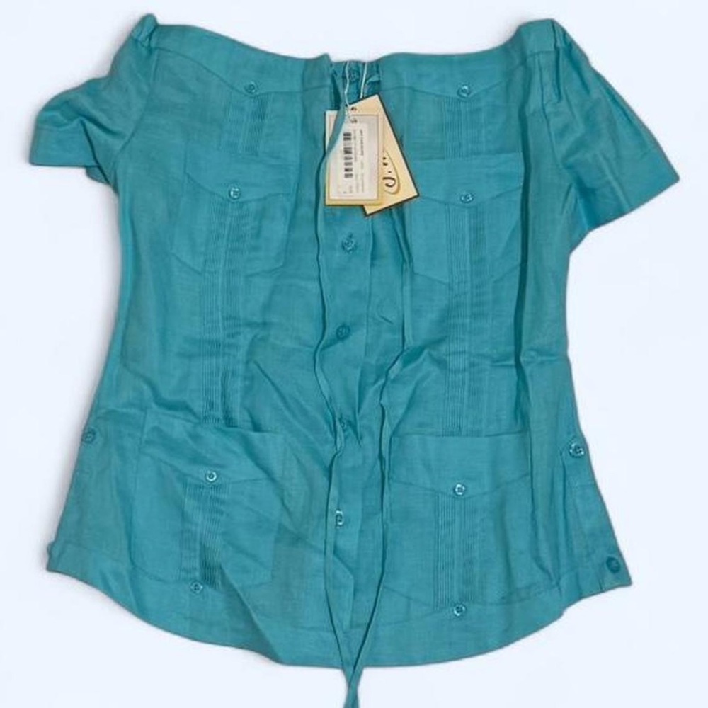 Teal Off-Shoulder Guayabera 100% Linen
